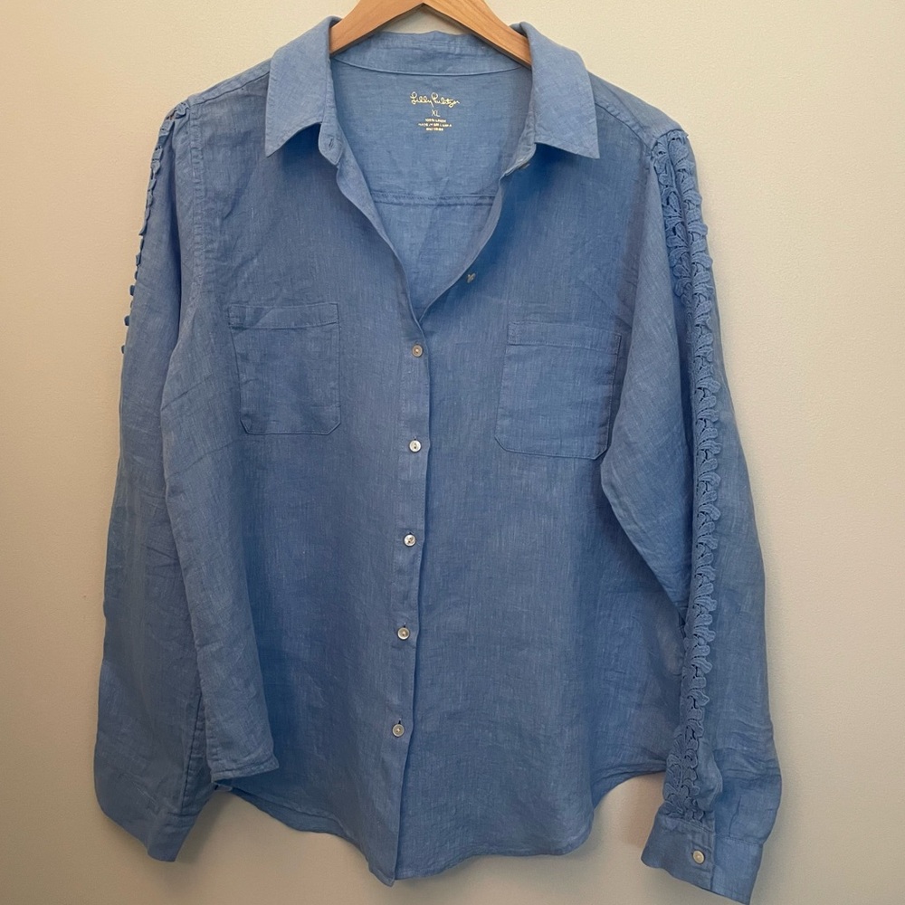 Lilly Pulitzer Blue Linen Long Sleeve Button Down Shirt Crochet Trim Size XL - Picture 2 of 8